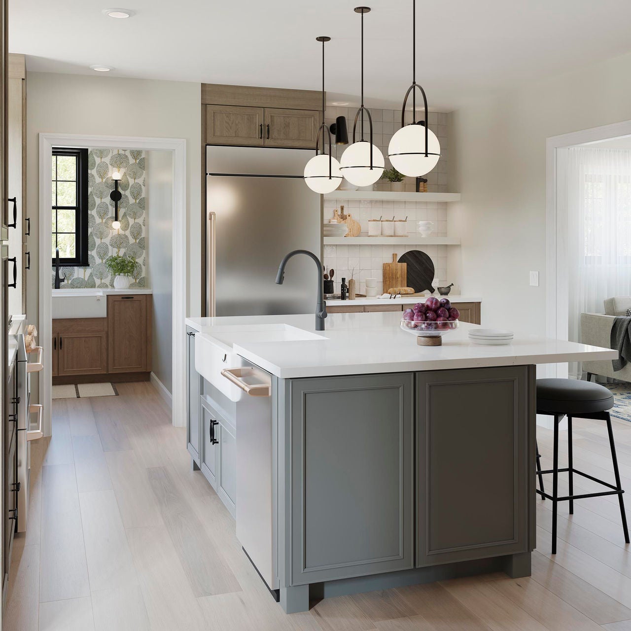 Kinsdale Maple Almond, Painted Boulder, and Painted Linen Kitchen